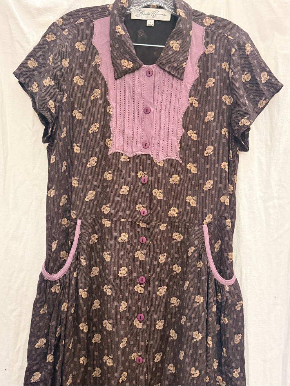 VTG 90s Hopeless Romantic Brown Floral Prairie Midi Dress M Pockets Button Front - Picture 2 of 16
